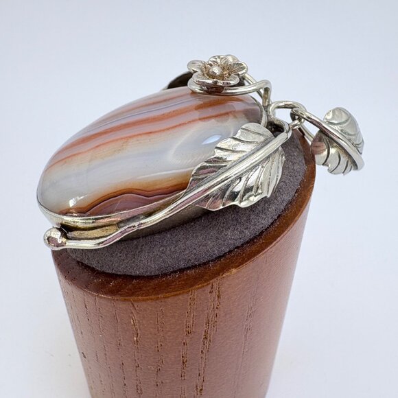 VTG Sterling Silver 925 Banded Agate Leaf Design Pendant Size 2.5" Length - Picture 5 of 11